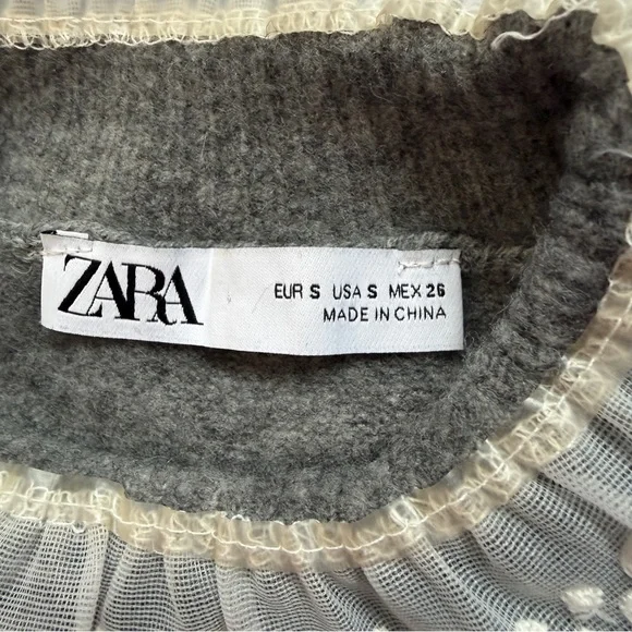 Zara Womens Mock Neck Lace Trim Knit Sweater Size S Grey Victorian Feminine 80s - Picture 2 of 6